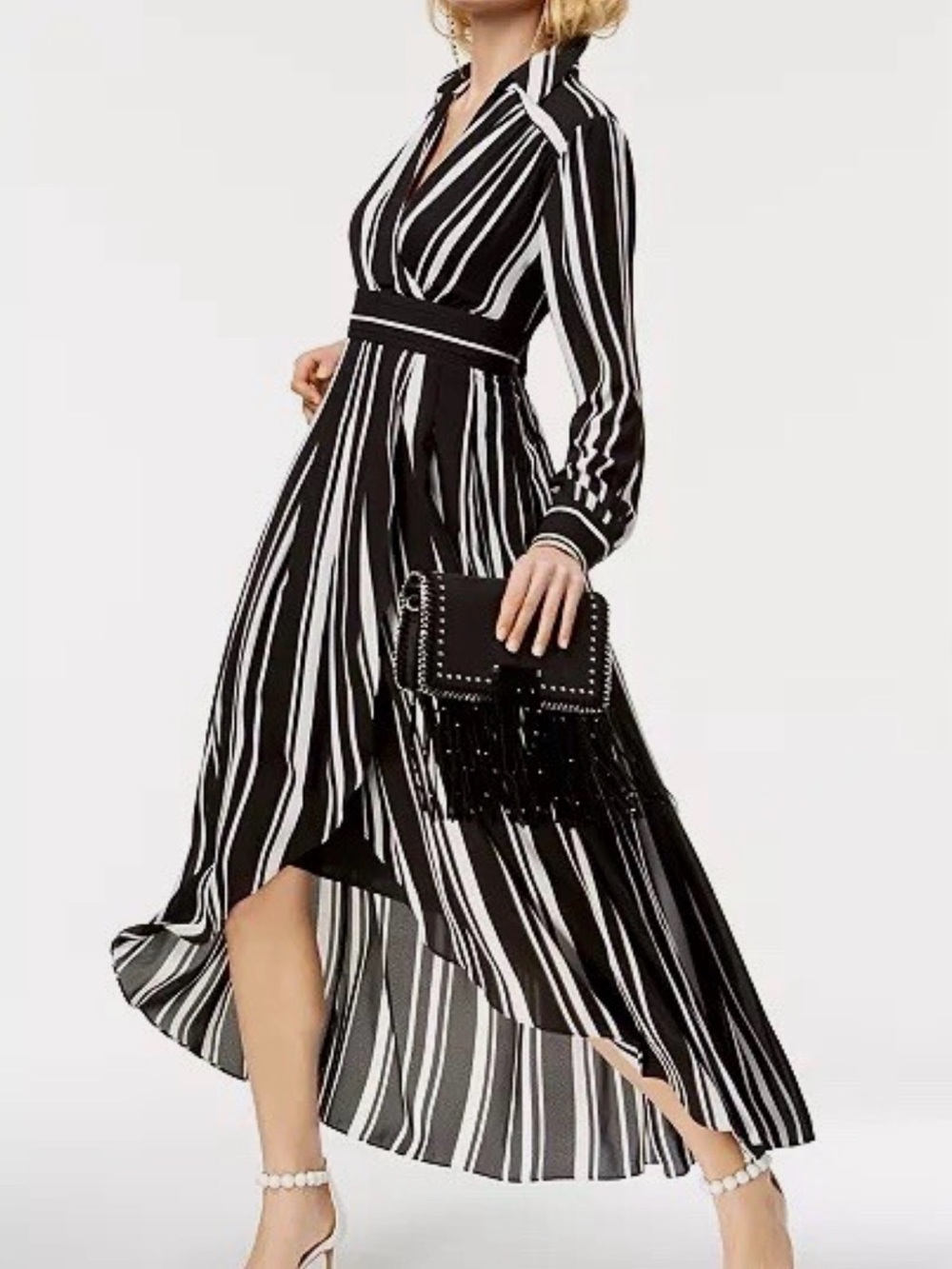 INC International Concepts Black and White Striped Midi Wrap Dress